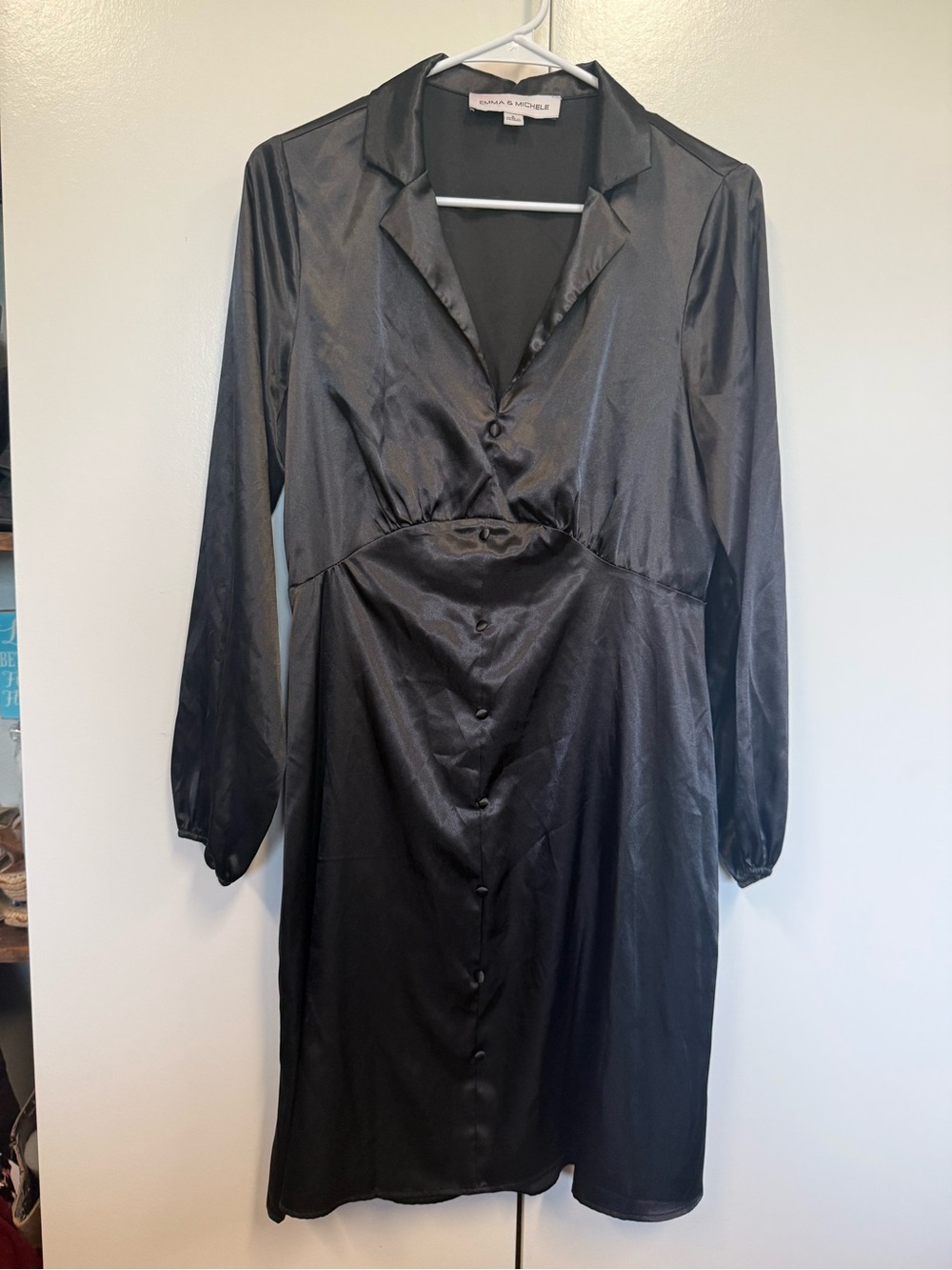 Emma & Michele Black Satin Button-Down Long Sleeve Dress - vintage style, sexy